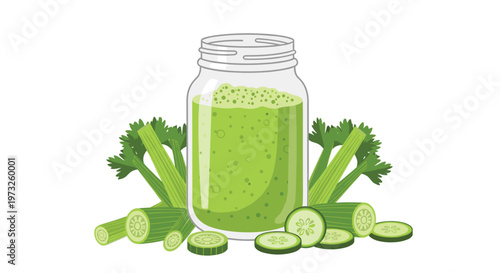 A clear glass mason jar filled with bubbly green celery juice is flanked by fresh celery stalks and several sliced cucumber rounds on a white background.