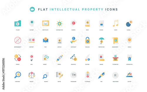 License for text of document, article, graphic content thin symbols vector illustration. Copyright, intellectual property, trademark and patent for creativity flat icon set