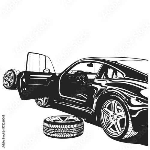 A car at a tire shop, with a spare tire lying nearby. Vector monochrome illustration, doodle sketch
