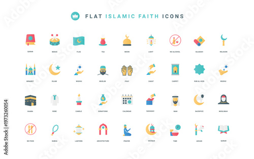Minarets of mosque and crescent moon on flag, lantern thin symbols vector illustration. Islam, culture and Islamic symbols, hijab and thawb of woman and man flat icon set