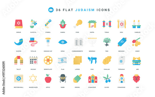 Judaism religion, synagogue and Torah scroll, holiday for Jews color icon set. Lion and mezuzah, Siddur book and rabbi portrait, Tzedakah charity, Chai symbol flat elements vector illustration