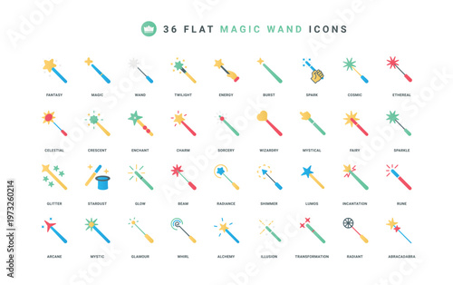 Magic wands of different shapes and colors for wizards miracles and sorcery icon set. Sticks of princess with stars and heart, illusionist tool, editor filter flat elements vector illustration
