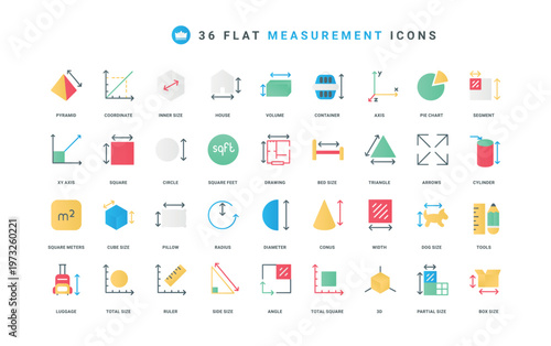 Tool and size guide chart with dimension arrows to measure length, height color icon set. Area and room plan, volume of geometric figures with segment measurement flat elements vector illustration