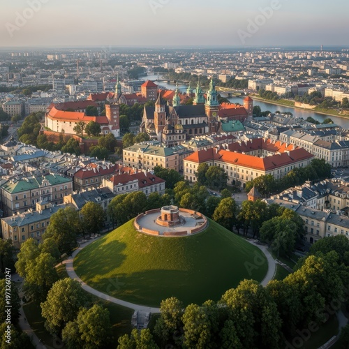 Aerial view of Krakow, Poland, featuring Wawel Castle and Kosciuszko Mound.