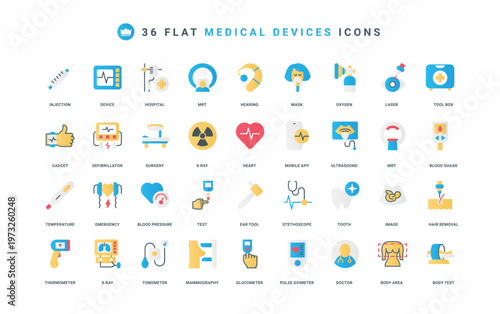 Medical devices, hospital and emergency equipment, home diagnostics color icon set. Doctors stethoscope and otoscope, glucometer, ultrasound and MRI, hearing aid flat elements vector illustration
