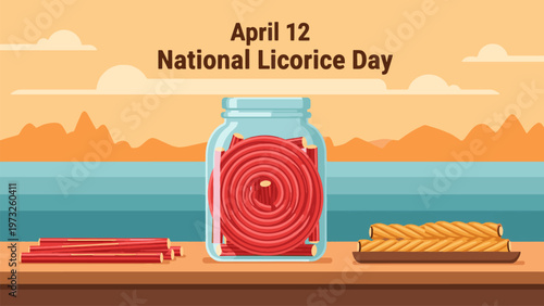 April 12 National Licorice Day Assorted Licorice Candy Display Sweet Confectionery Snack Variety Illustration Flat Design Modern Poster