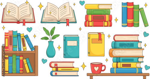 Colorful Hand-Drawn Books and Reading Elements Set