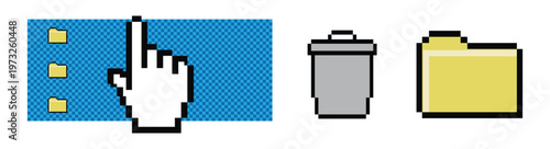 Retro pixel art computer interface icons featuring hand cursor pointer with yellow folders and trash bin