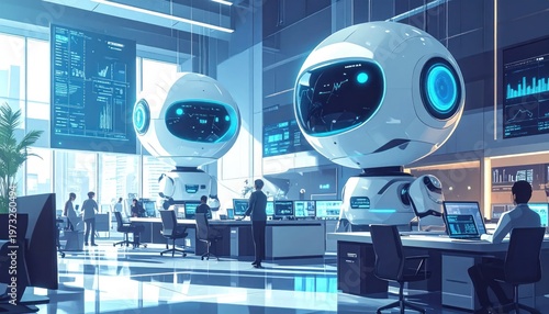 Robots Working Alongside Humans in Modern Office.