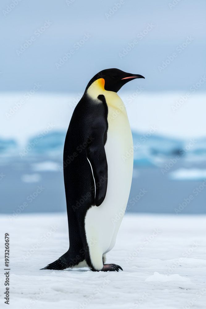 Fototapeta premium Emperor penguin standing on ice in Antarctica. Wildlife portrait of flightless seabird in natural habitat. Cold polar region environment and winter nature with ice and snow landscape.