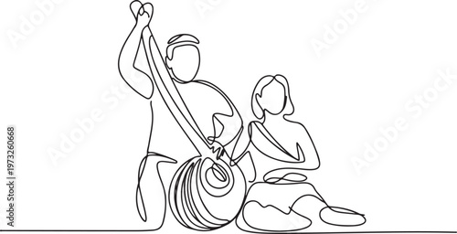 Elegant continuous line art illustration capturing the soulful essence of traditional musical performance with two figures, evoking a timeless harmony of cultural expression and artistic connection