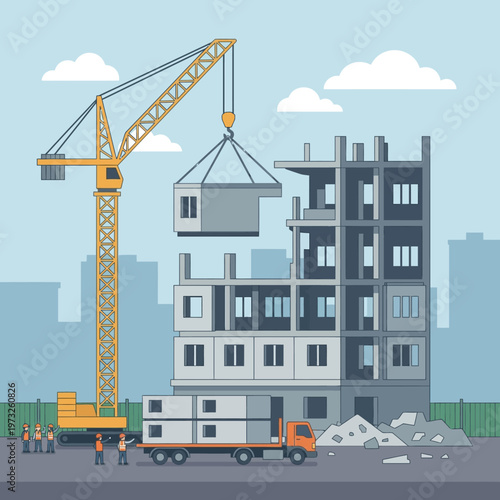 Modern Modular Construction Site with Yellow Tower Crane, Truck, and Workers Building an Urban Apartment Block Vector Illustration