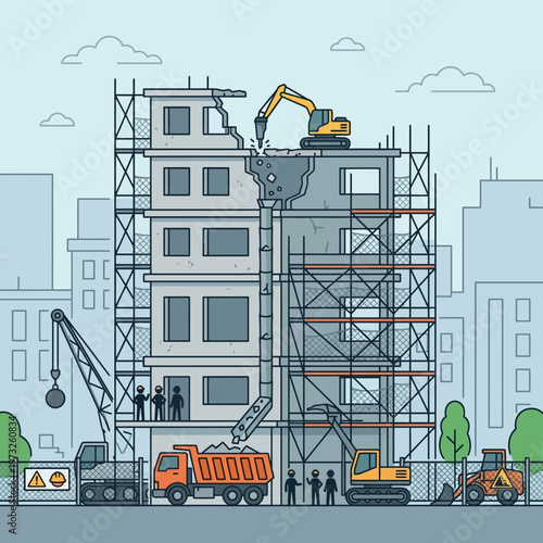 Building Demolition and Urban Renewal Vector Illustration with Heavy Machinery and Construction Workers