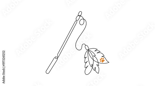 Cat Teaser Toy with Orange Paw Print Single Continuous Line Drawing Minimalist Monoline Vector Illustration