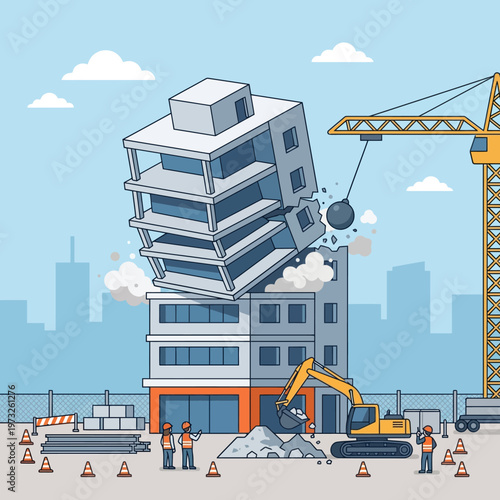 Vector Illustration of a Building Demolition Site with Wrecking Ball, Crane, and Excavator in a Flat Cartoon Style
