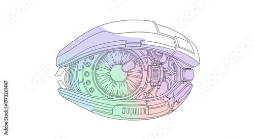 Colorful robotic eye close up view.