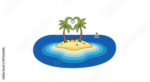 A solitary wooden bench sits on a tiny tropical island where two leaning palm trees create a perfect heart shape over the deep blue ocean water today.