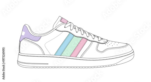 Colorful white athletic shoe side view.