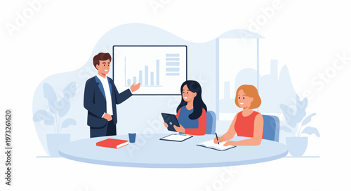 Business meeting with a male presenter and two female attendees.