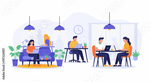 Diverse professionals collaborating in a modern coworking office space.