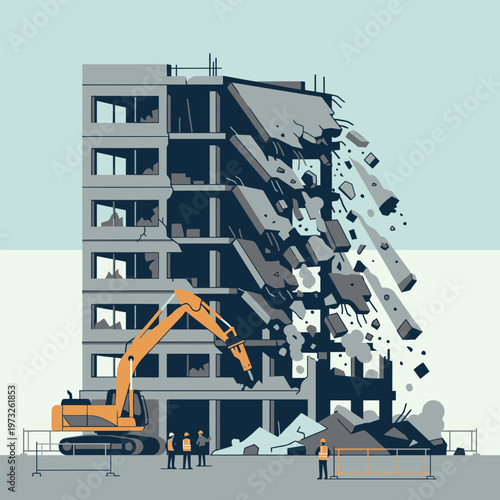 Flat Vector Illustration of an Excavator Demolishing an Old Concrete Building at a Construction Site for Urban Renewal