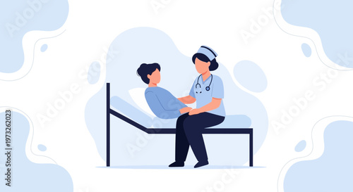 Nurse Caring for Patient in Hospital Bed, Medical Care Illustration