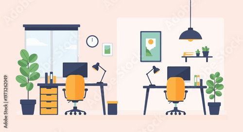 Two modern home office setups with desks chairs and plants.