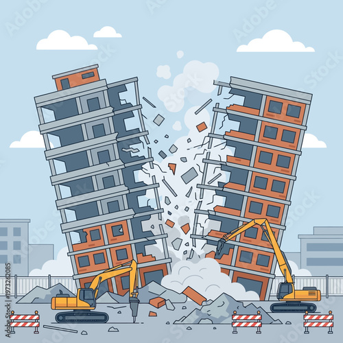 Urban Demolition Vector Illustration with Heavy Machinery Tearing Down High-Rise Buildings