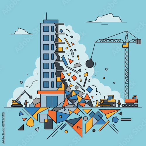 Building Demolition Site with Wrecking Ball and Bulldozer Flat Vector Illustration