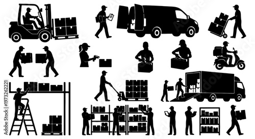 Logistics delivery service silhouettes, warehouse worker icons, shipping transport set