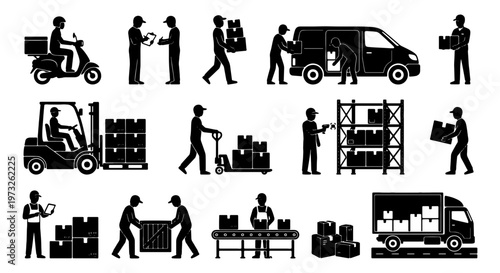 Logistics delivery service icons, warehouse shipping silhouettes, courier transport set