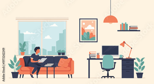 Man working from home on a laptop in a comfortable living room setting.