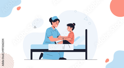 Nurse Caring for Child in Hospital Bed, Pediatric Healthcare Illustration