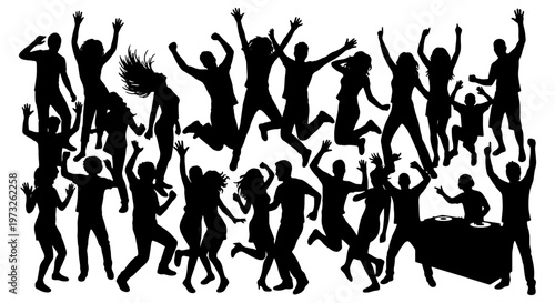 Dancing people silhouettes, crowd of party people jumping, club music event vector