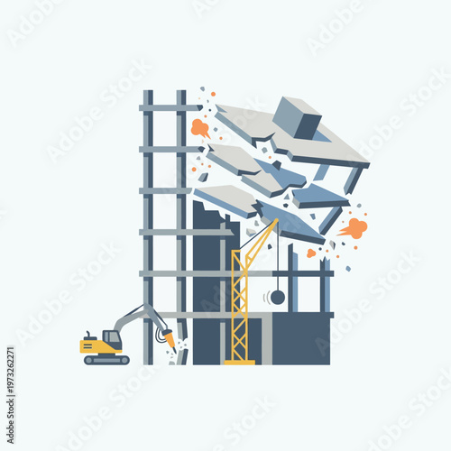 Building Demolition Site Illustration with Excavator and Wrecking Ball Crane