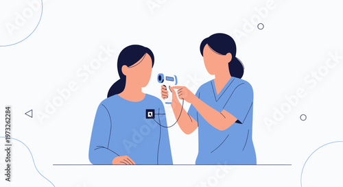 Doctor checks patient's temperature with infrared thermometer, medical checkup illustration