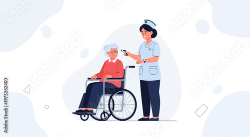 Nurse checking elderly woman's temperature in wheelchair, healthcare concept