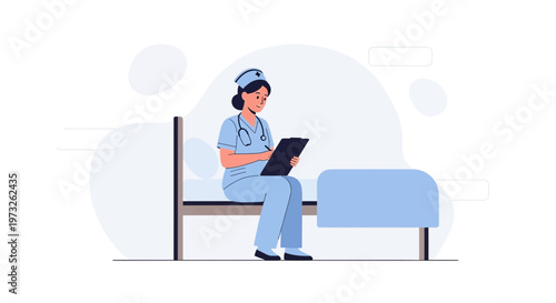 Nurse sitting on hospital bed writing on clipboard, medical illustration