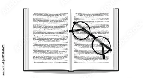 Pristine top-down graphic illustration features a pair of classic black eyeglasses positioned over the open pages of a dense literary novel on white.