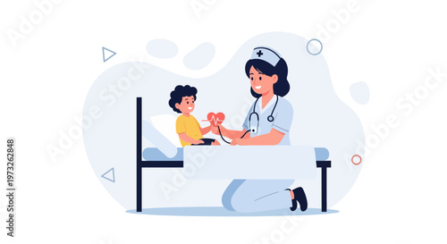 Nurse checks child's heart rate in hospital bed, cartoon style, medical care concept