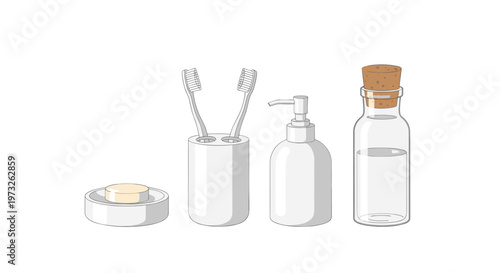 Minimalist vector illustration displays a collection of essential bathroom hygiene products including a soap dish and toothbrushes against a white wall.