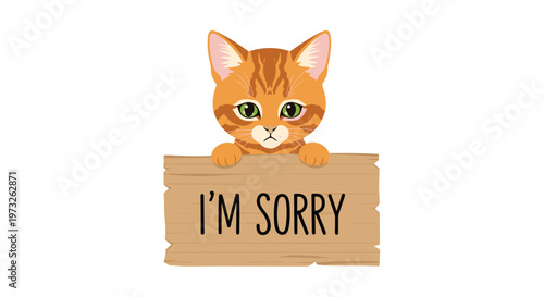 A charming ginger kitten with large soulful eyes looks forward while holding a rustic wooden plank with the words I'M SORRY written in simple black ink.