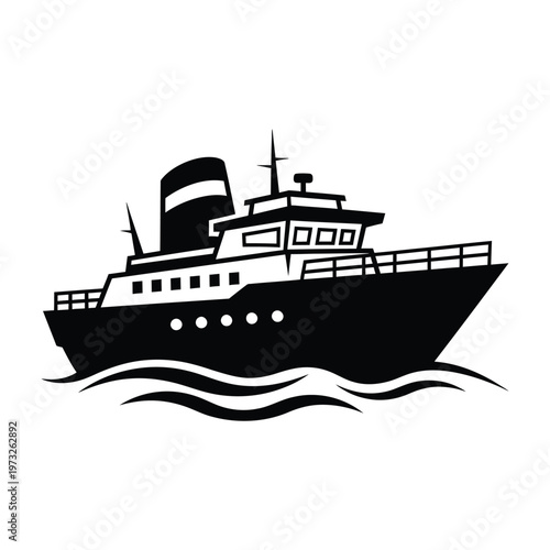 Vector illustration of a black and white ferry boat sailing on wavy water with passenger ship with at sea with public transport with jet ski