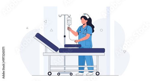 Nurse Adjusting IV Drip Next to Hospital Bed in Modern Clinic Room