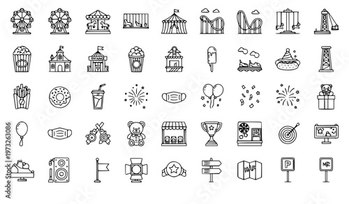 Fairground Carnival Line Icons Set Editable Stroke Amusement Park Festival Vector