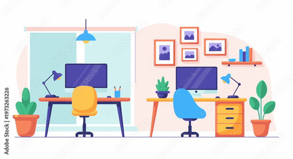 Fototapeta premium Two modern home office setups with computers and desks 2.