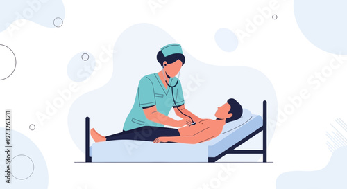 Nurse examining patient with stethoscope in hospital bed, medical checkup illustration