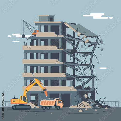Vector Illustration of Building Demolition with Excavator, Wrecking Ball, and Construction Debris