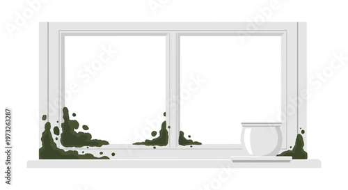 Invasive dark green mold colonies thrive in the corners of a pristine white window frame situated beside a simple ceramic pot on a bright windowsill.