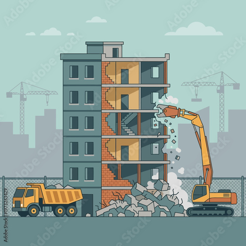 Building Demolition Illustration - Heavy Machinery Excavator Tearing Down Apartment Block with Dump Truck and Rubble - Flat Vector Style Urban Renewal Concept
